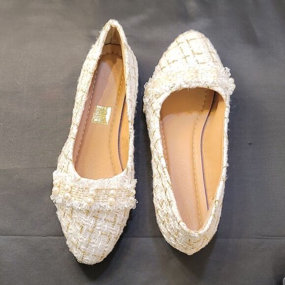 BRAND NEW SIFAYF FAUX PEARL   ELEGANT BALLET PLAID PATTERN TWEED BALLET FLAT - Picture 13 of 15